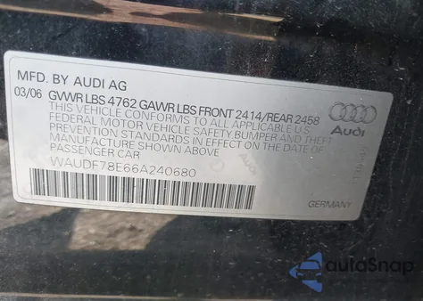 2006 Audi A4 2.0T z USA, uszkodzony, nr VIN WAUDF78E66A240680